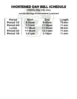 Shortened Day Bell Schedule May